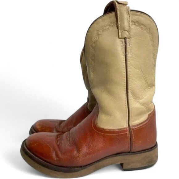 Old West Ivory Brown Long Straps Leather Western Cowboy Work Boots Men's 10 D - Picture 10 of 12